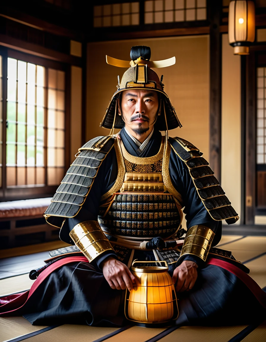 Samurai sentado em armadura dourada dentro de um palácio Edo