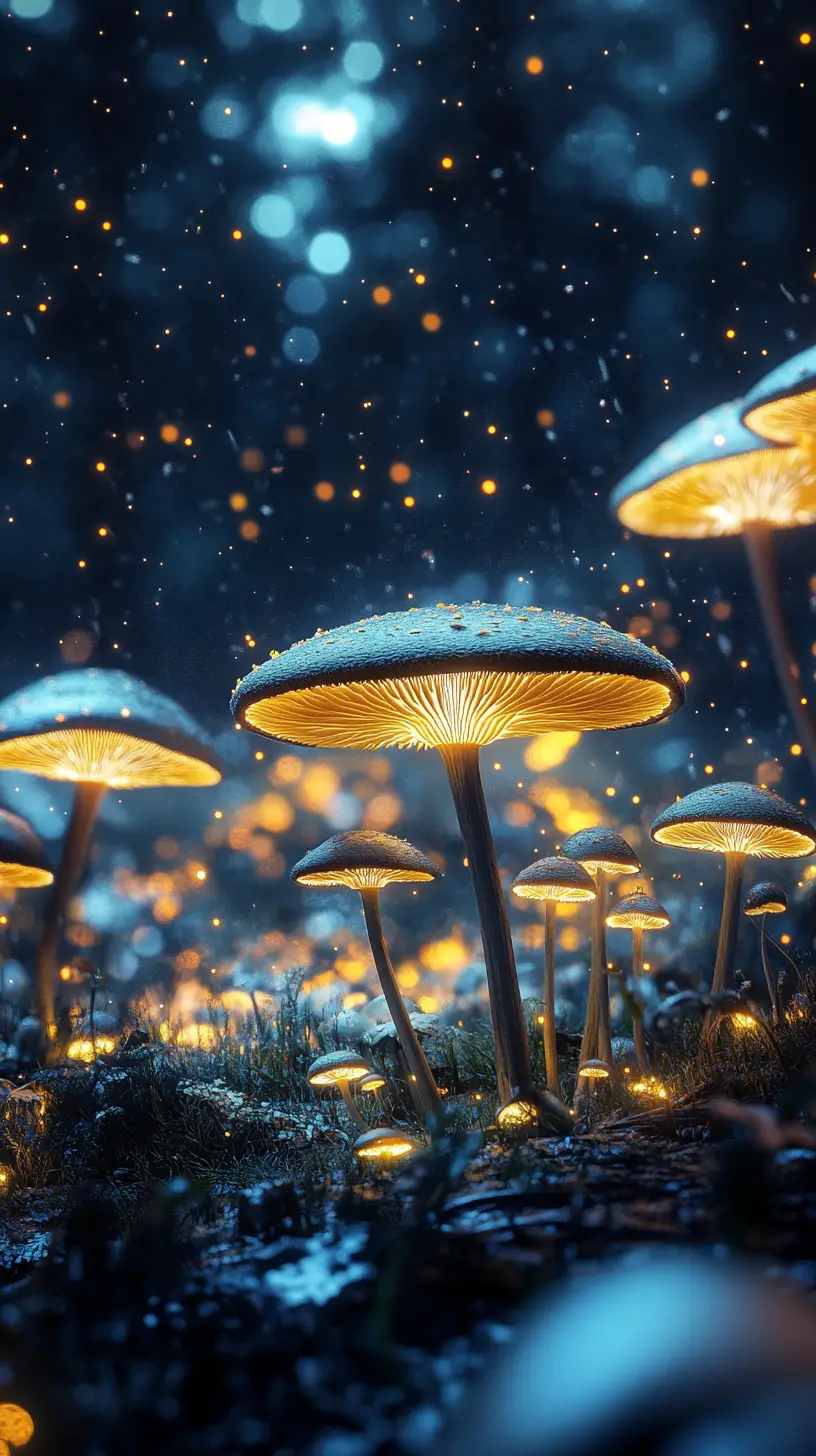 幻想的な光るキノコの生える生物発光の森
