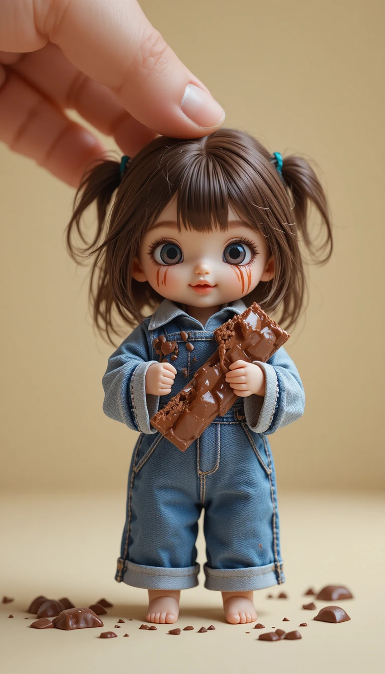 Pequena garota chibi abraçando uma barra de chocolate mordida