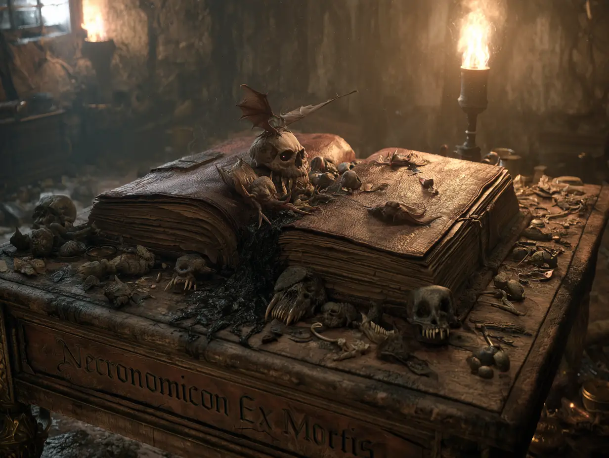 Livre de magie maudit libérant des démons dans une pièce sombre