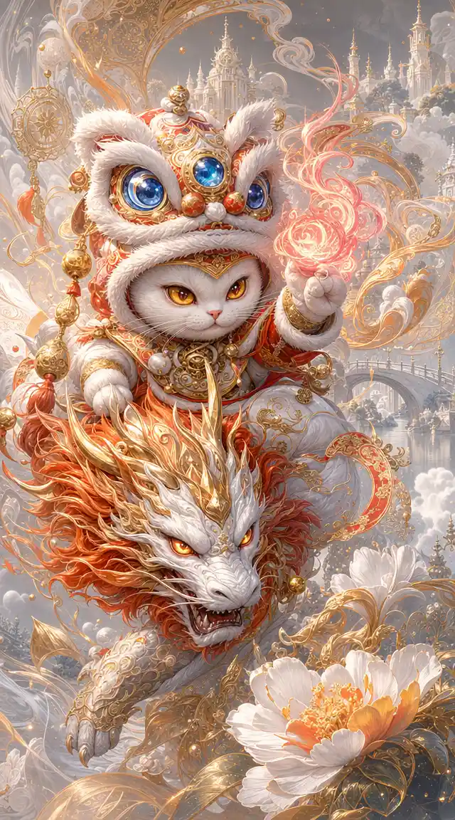 Cavaliere di gattino fantasy in un regno spirituale splendente