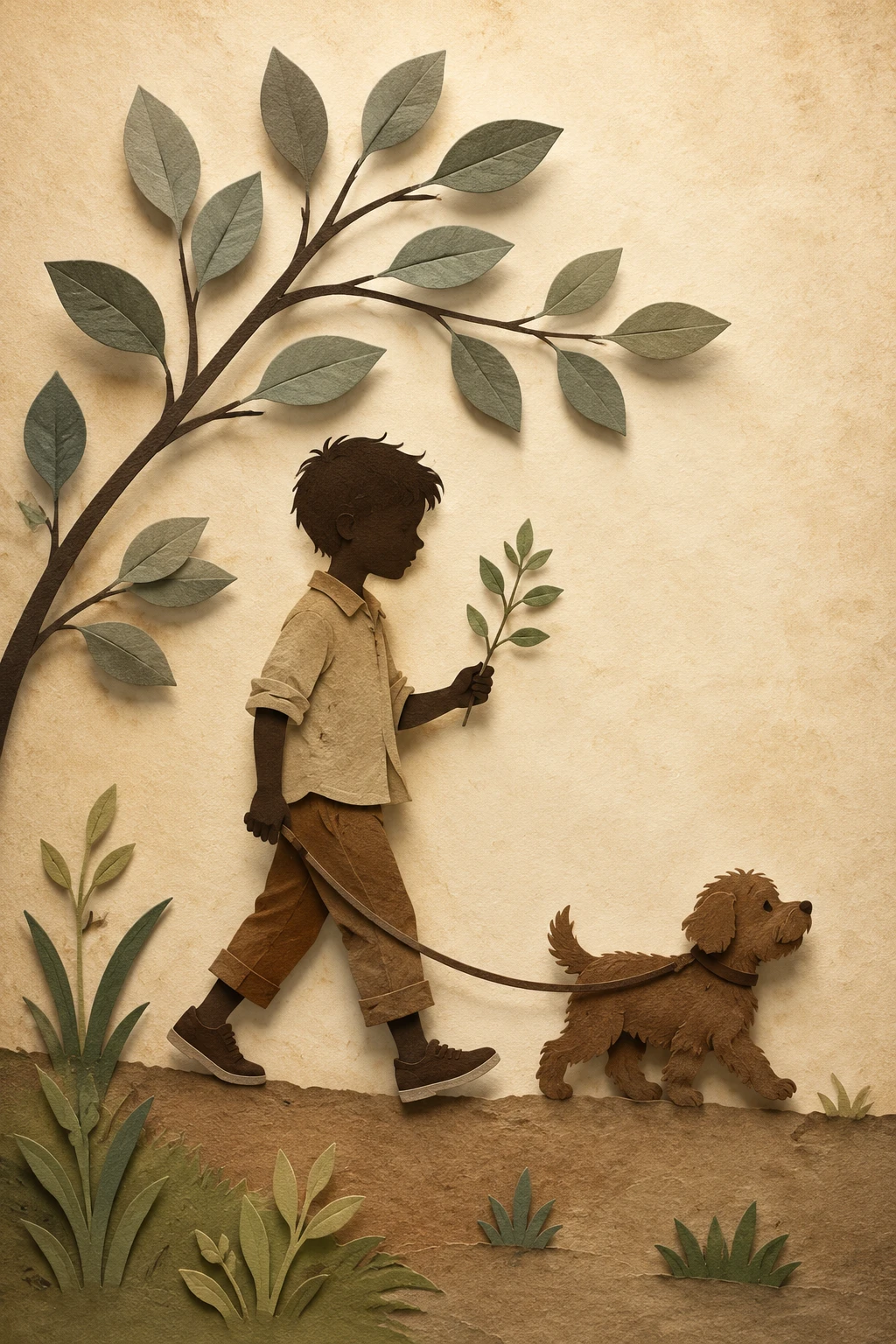Menino caminhando com cachorro em arte de silhueta em papel recortado em camadas