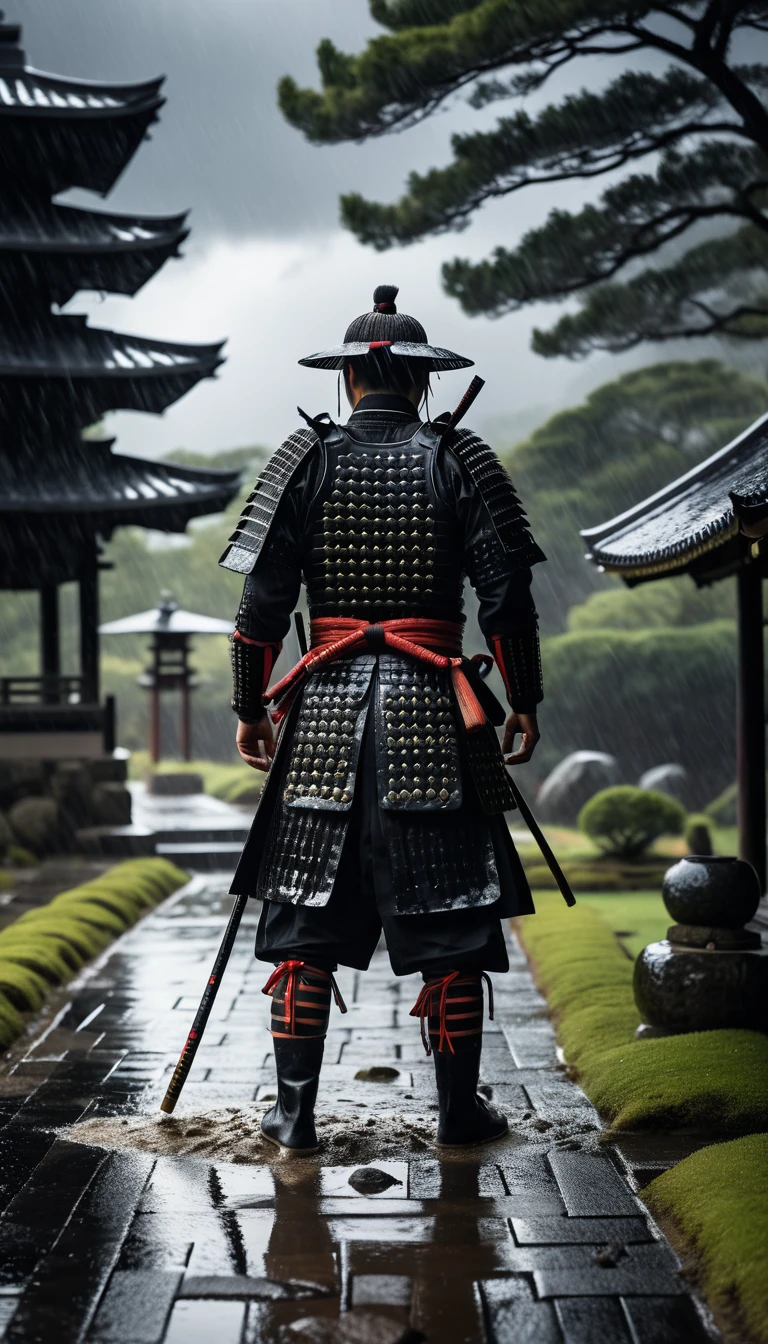 Samurai solitário em caminho de pedra chuvoso sob nuvens de tempestade