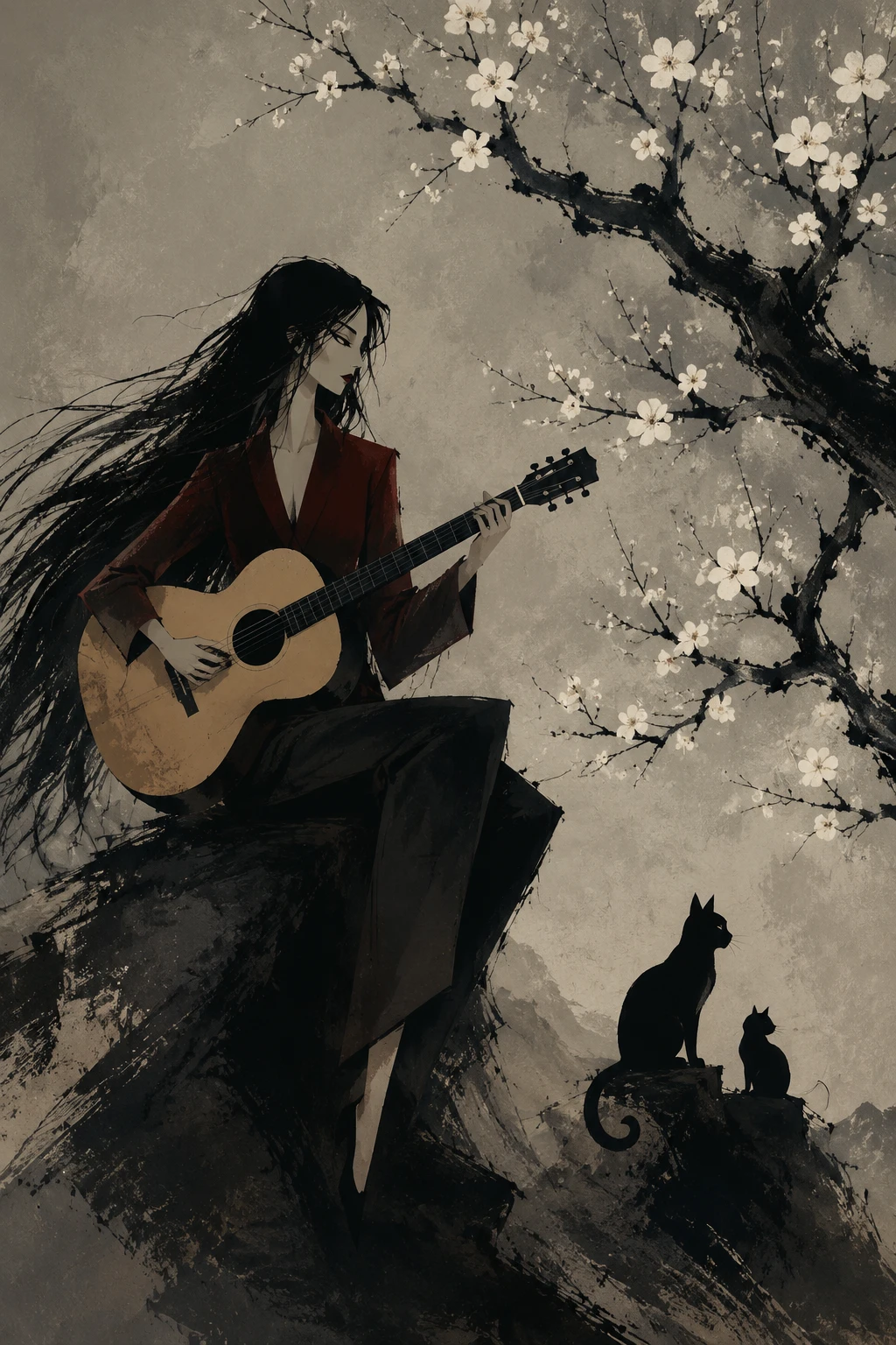 Donna che suona la chitarra accanto a un albero in fiore in toni delicati