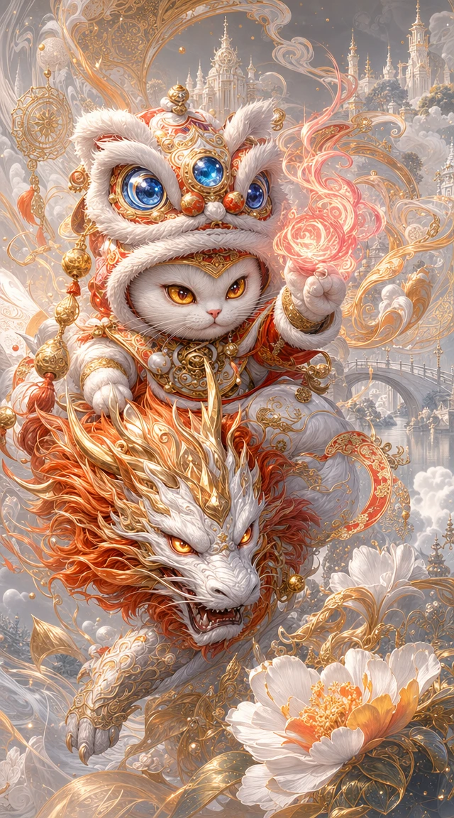 Cavalier chaton fantastique dans un royaume spirituel lumineux
