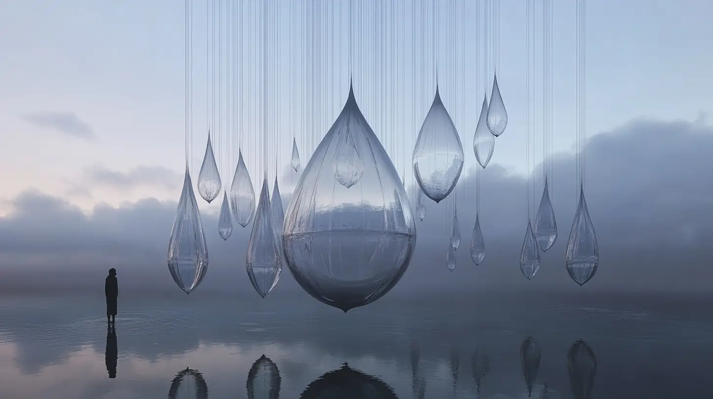 Gotas de vidro flutuantes refletidas em um espaço crepuscular