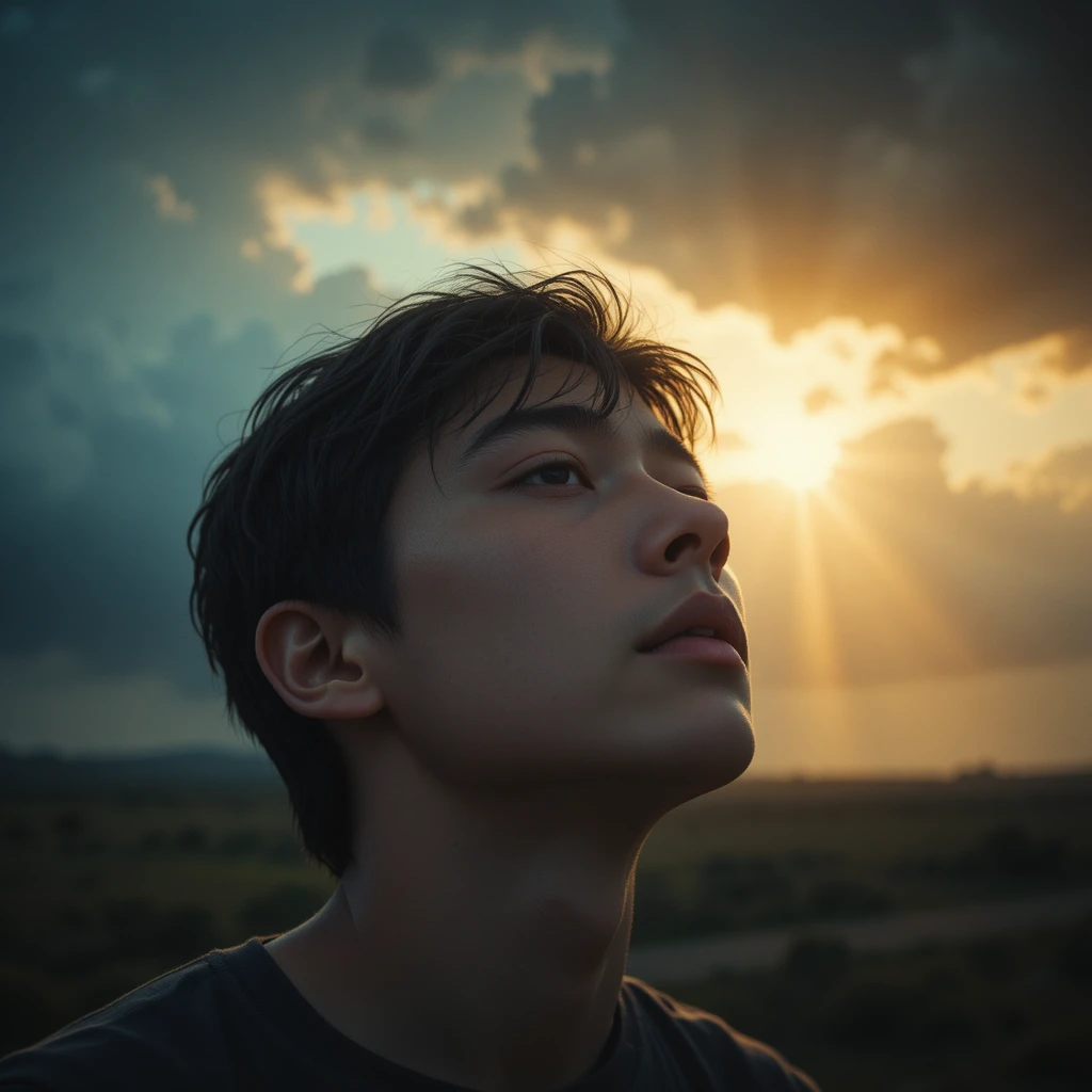 嵐雲の下で感情をあらわにする若い男性のクローズアップ