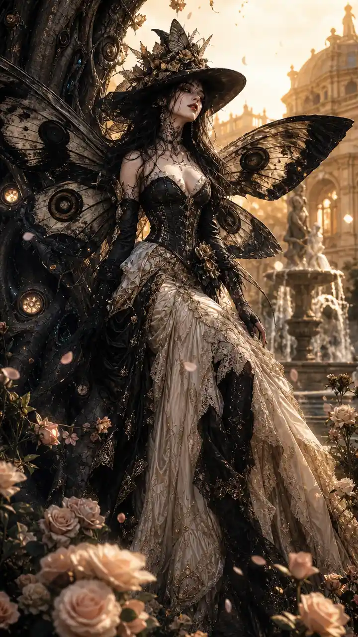 Gothic fairy princess leaning on a biomechanical tree