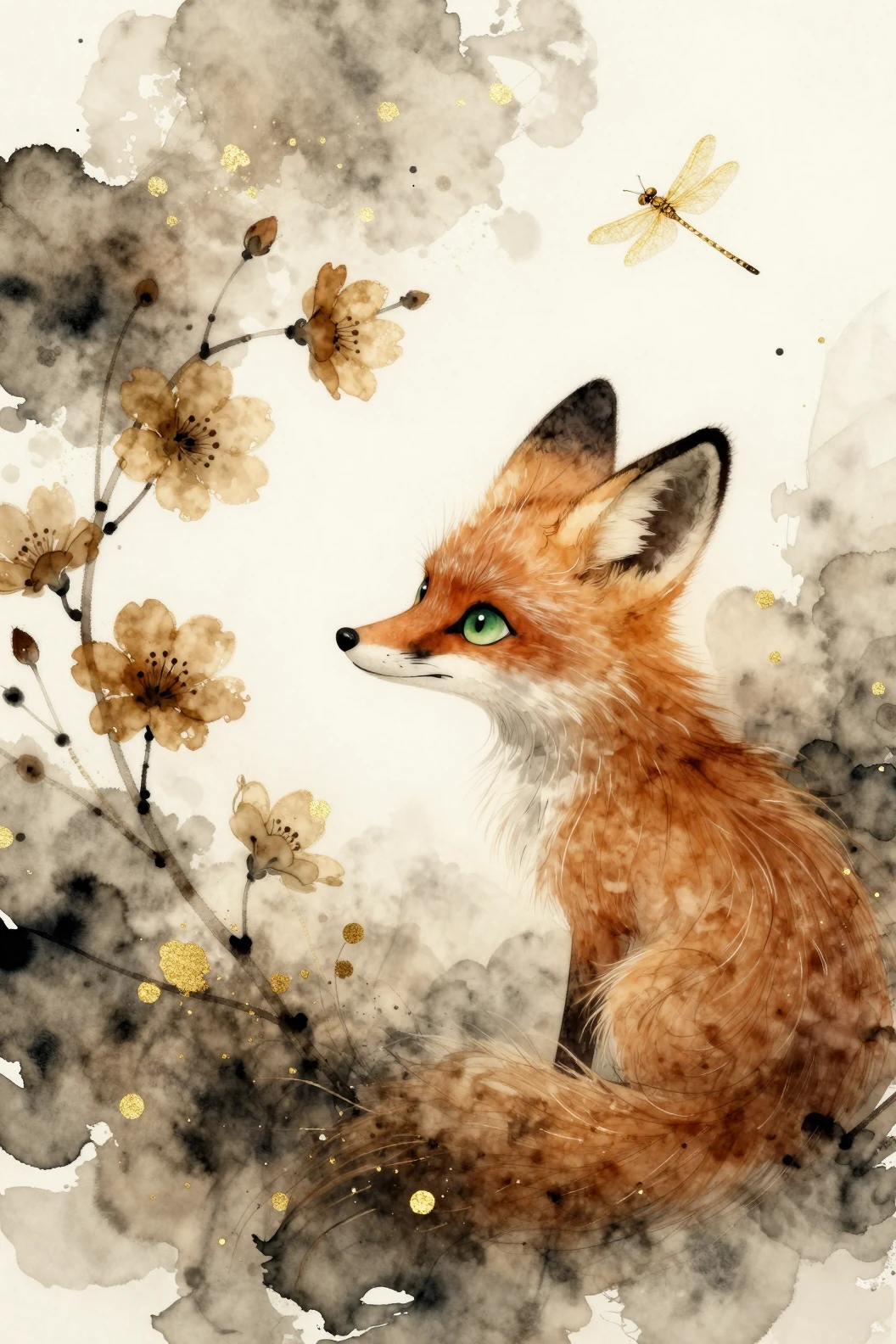 Renard fantastique aquarelle avec fleurs et touches dorées