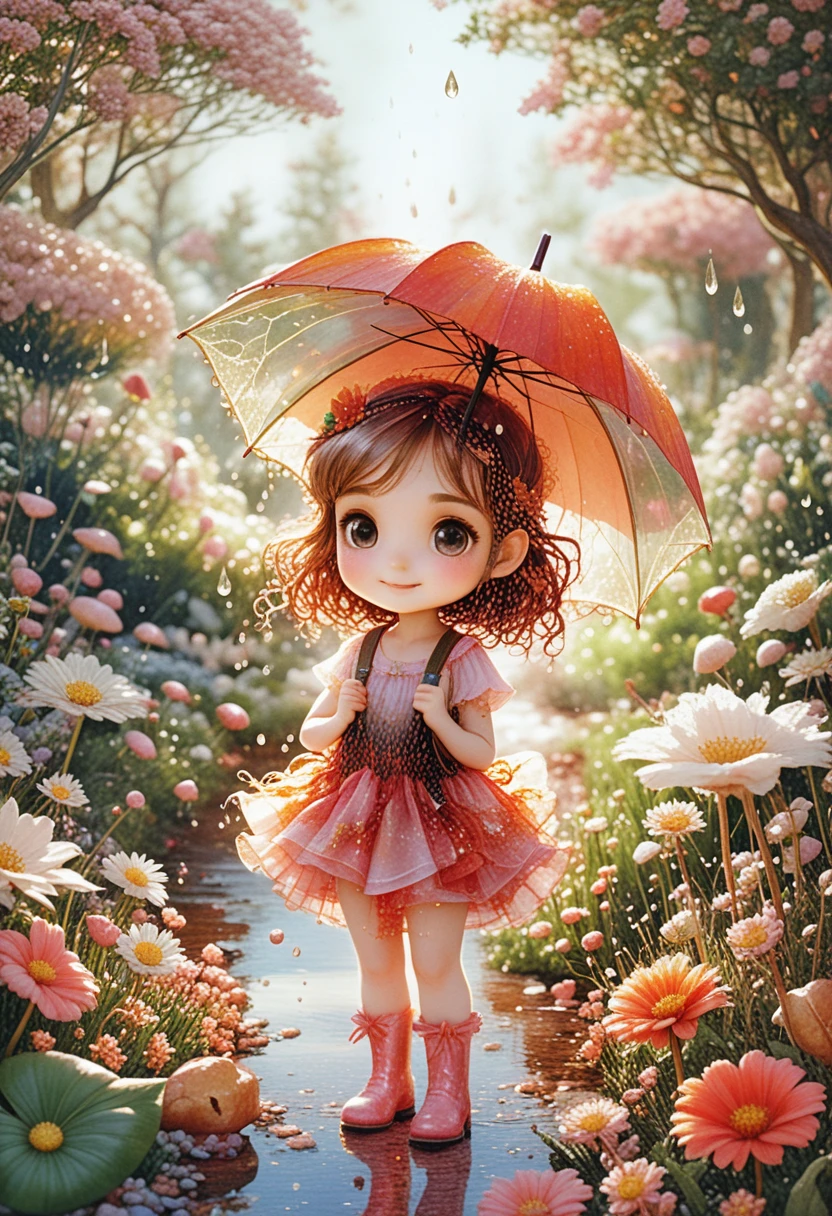 雨の中で葉っぱの下に隠れる小さなちびキャラの女の子