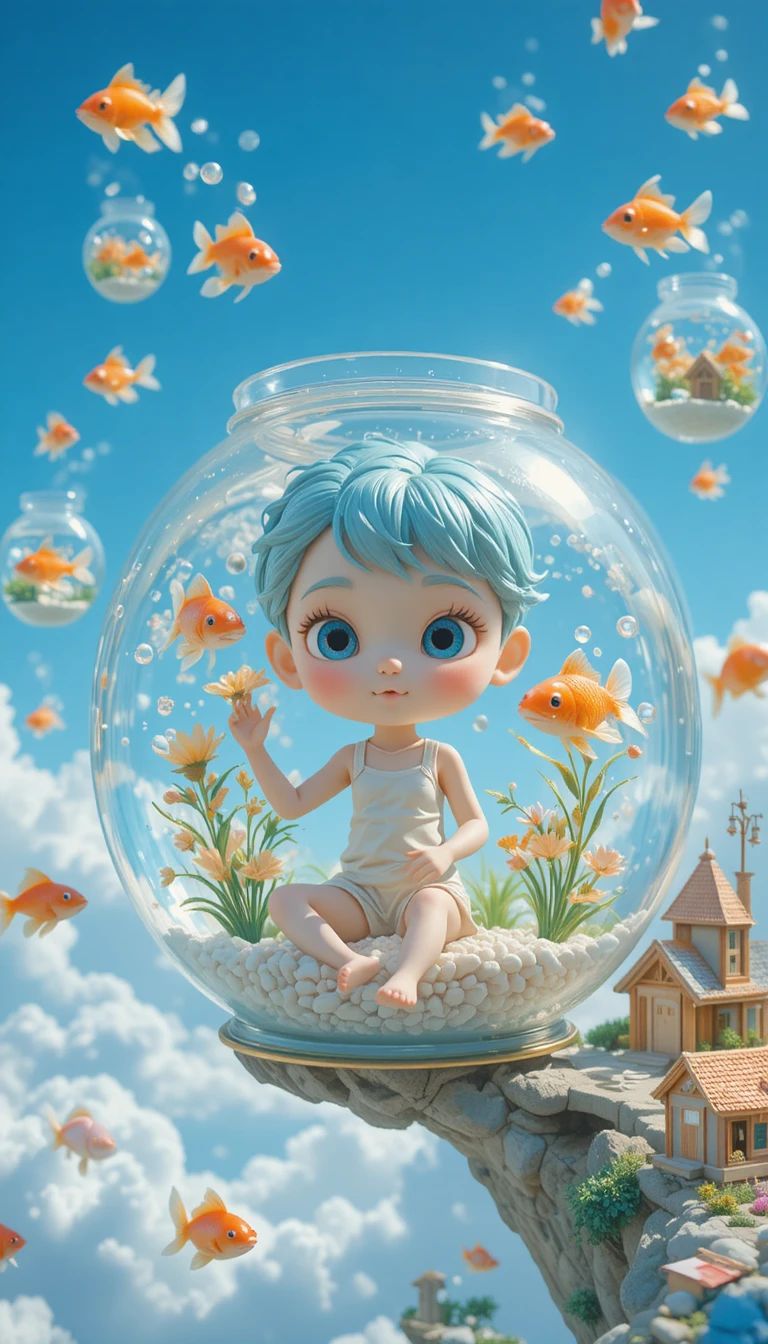在天空漂浮水族箱裡照顧金魚的女孩