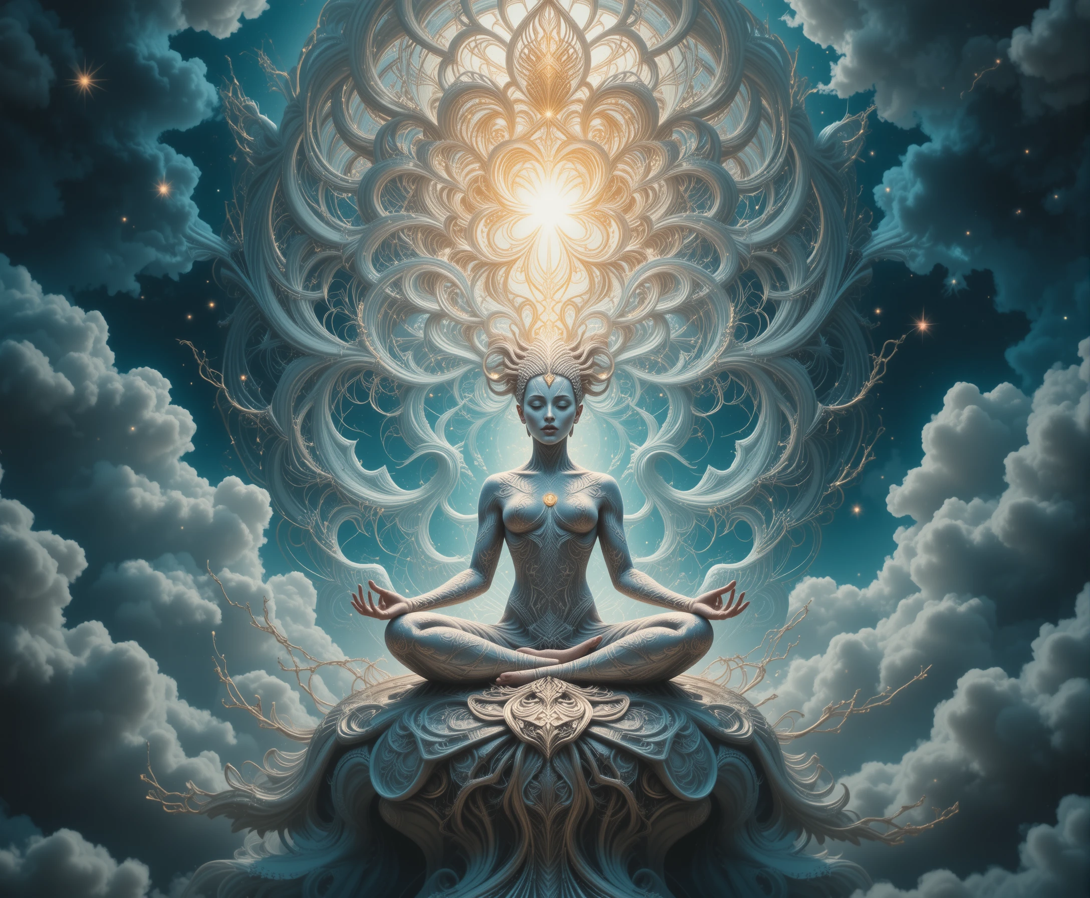 Figura fractal surreal meditando en una luminosa mandala cósmica
