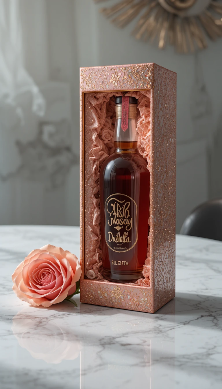 Perfume bottle in velvet gift box on glossy tabletop