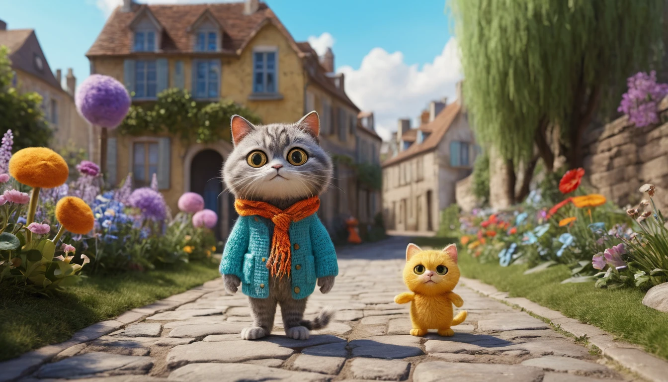 Gatinho hippie 3D fofo ouvindo música na calçada da cidade