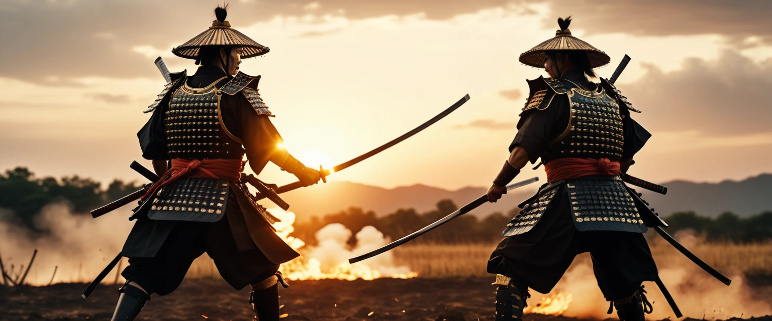 Due guerrieri samurai incrociano le katane su un campo di battaglia al tramonto