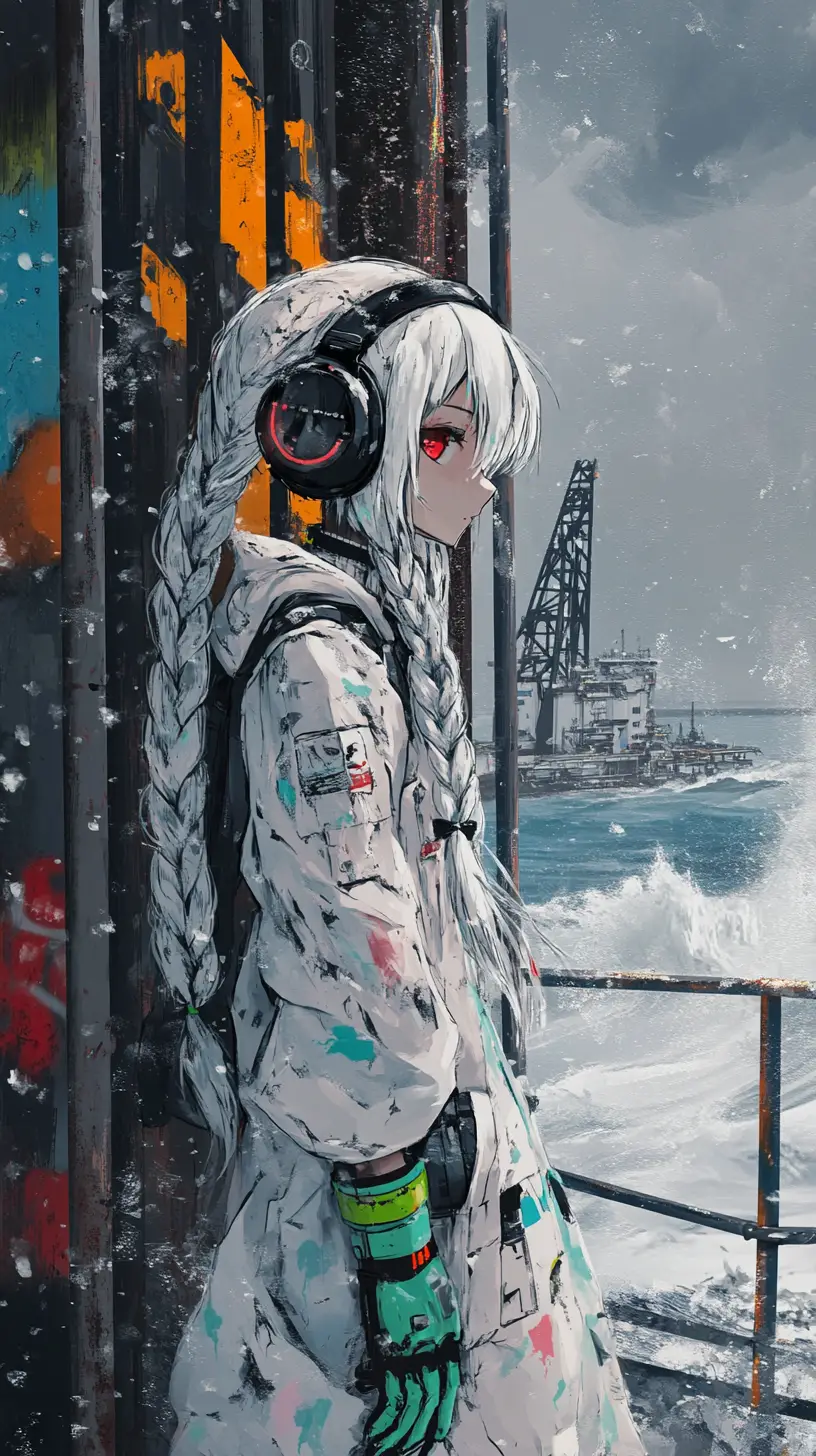 Ragazza anime su una piattaforma petrolifera innevata al crepuscolo tempestoso