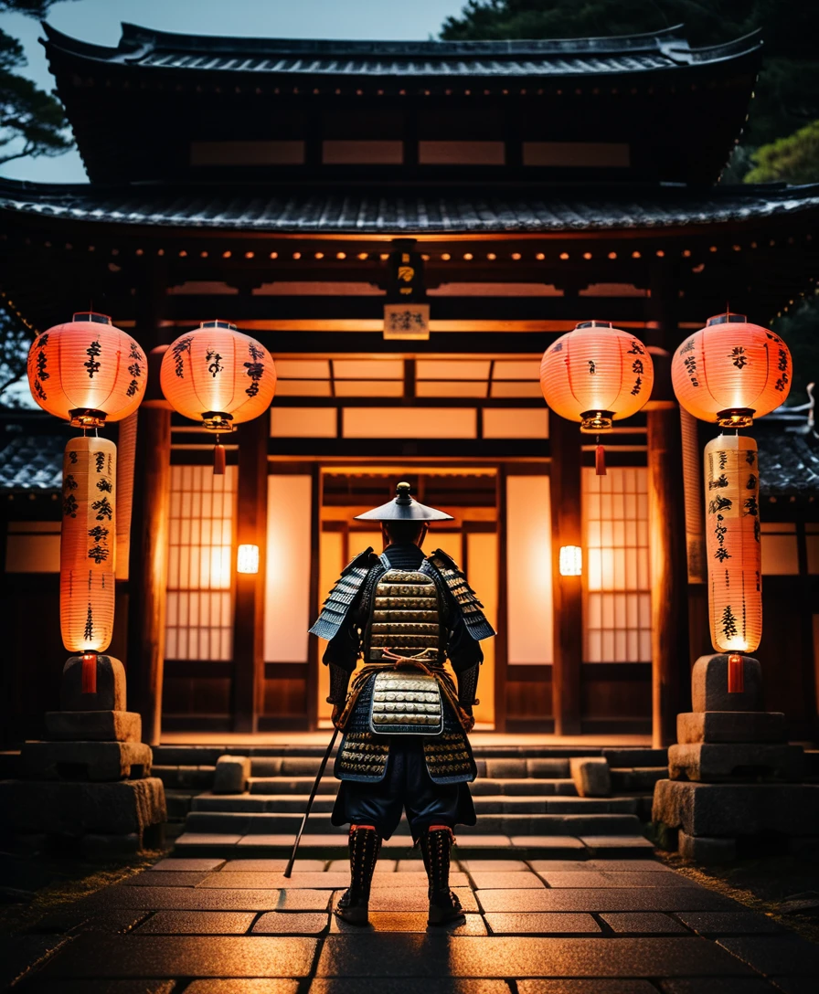 Samurai guardando a entrada iluminada por lanternas de templo japonês
