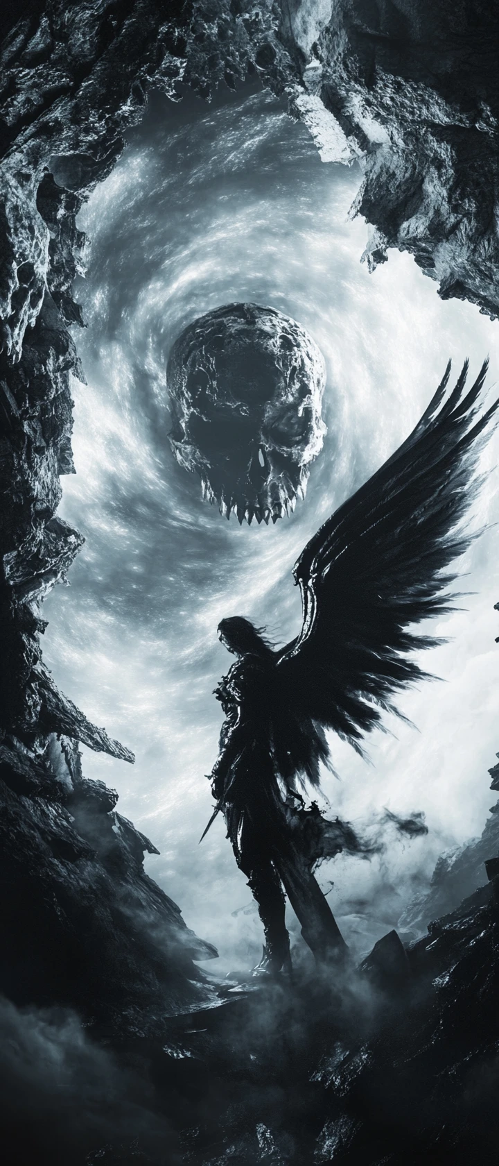 Anjo negro caído em uma tempestade cósmica gótica e surreal