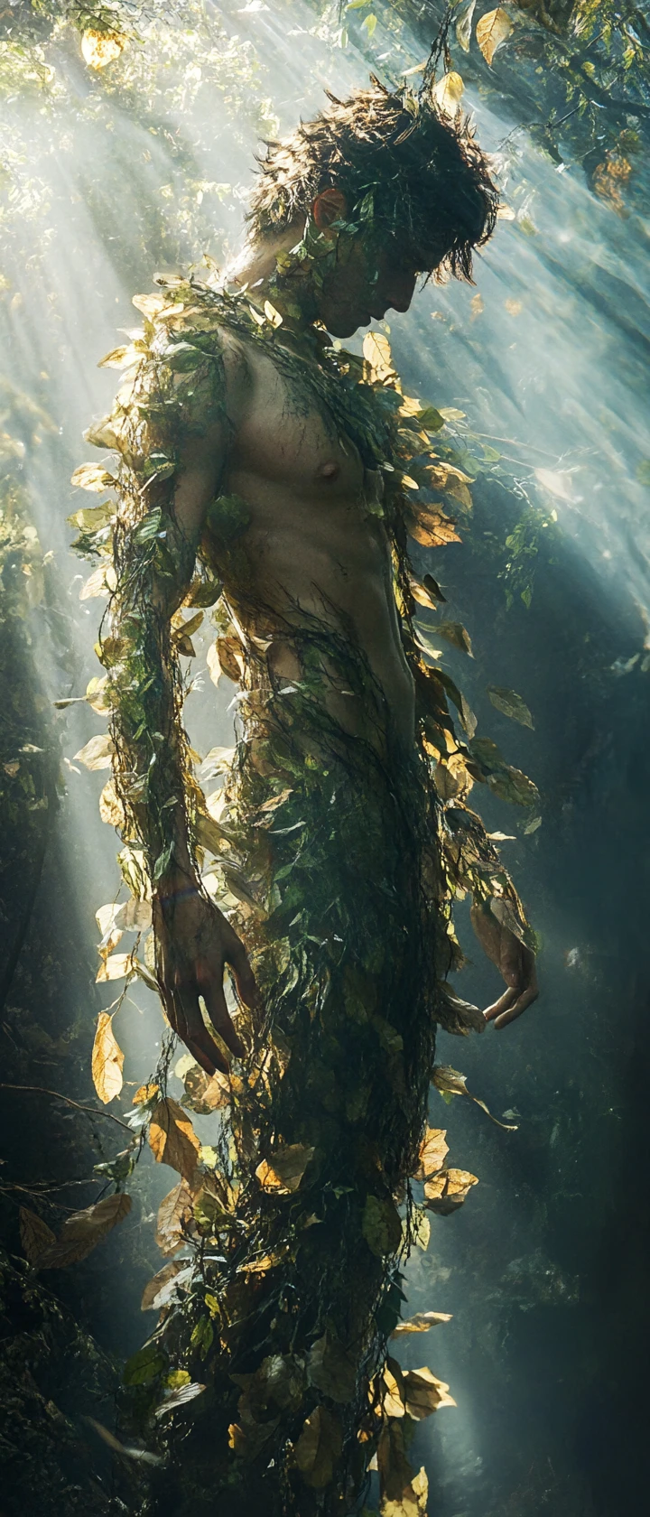 Male dancer camouflaged among leaves in a dreamlike forest