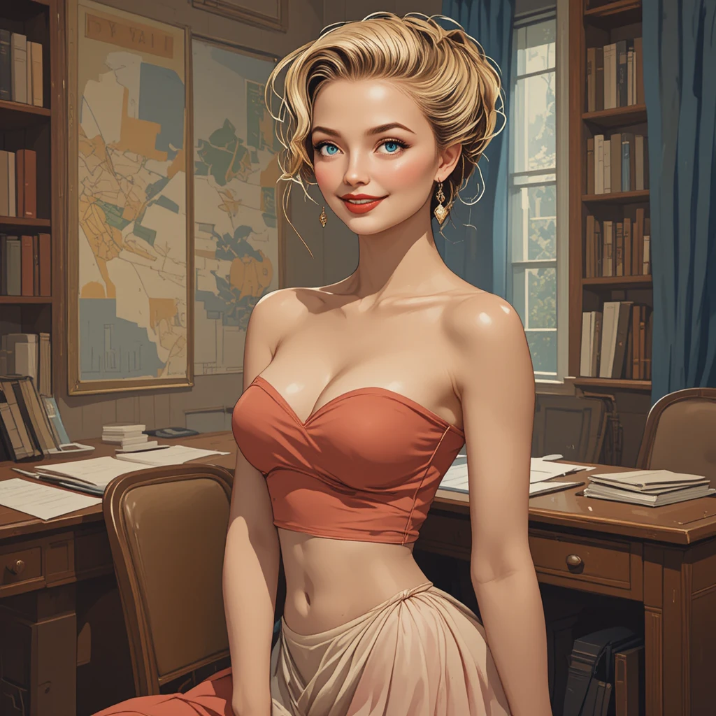 Mulher loira sorridente em um escritório vintage dos anos 1950