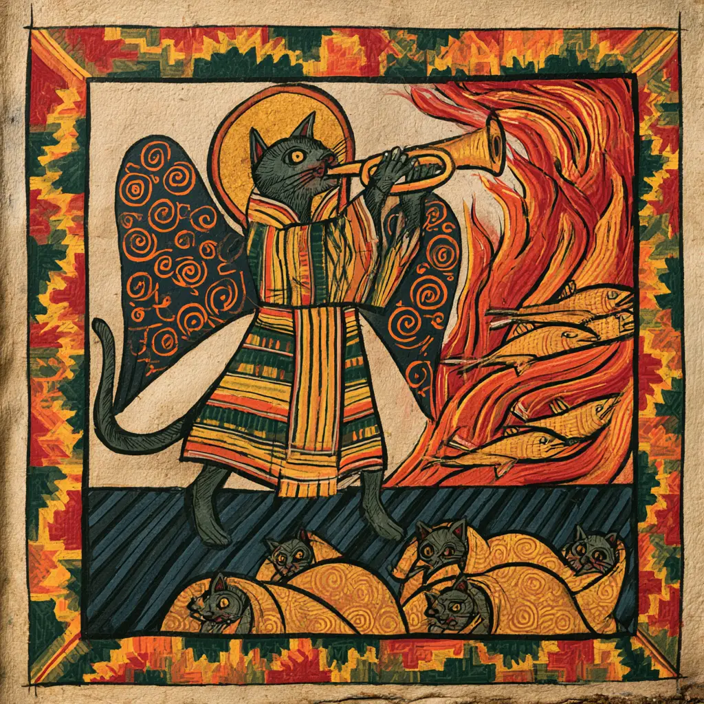 Majestueux chat ailé saint jouant d’un cor doré