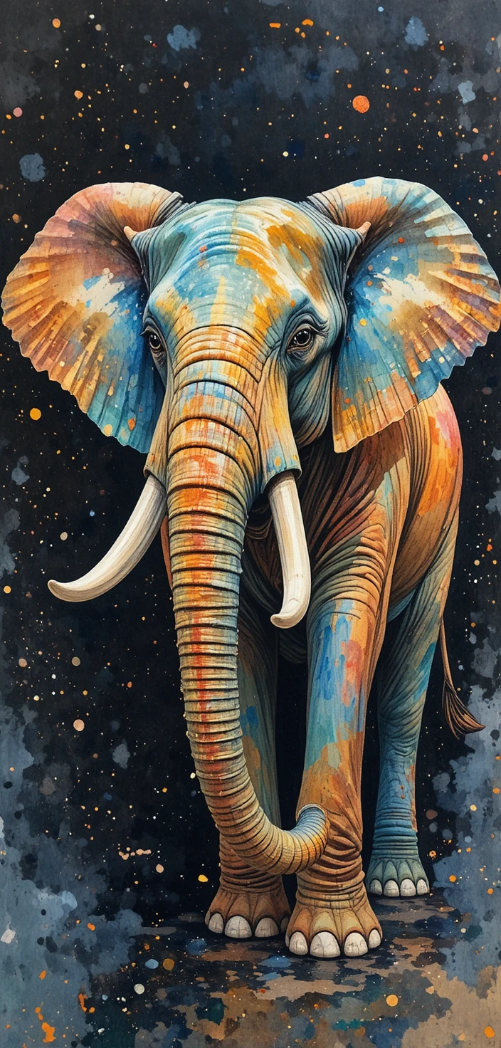 Elefante colorido em aquarela sobre fundo abstrato escuro