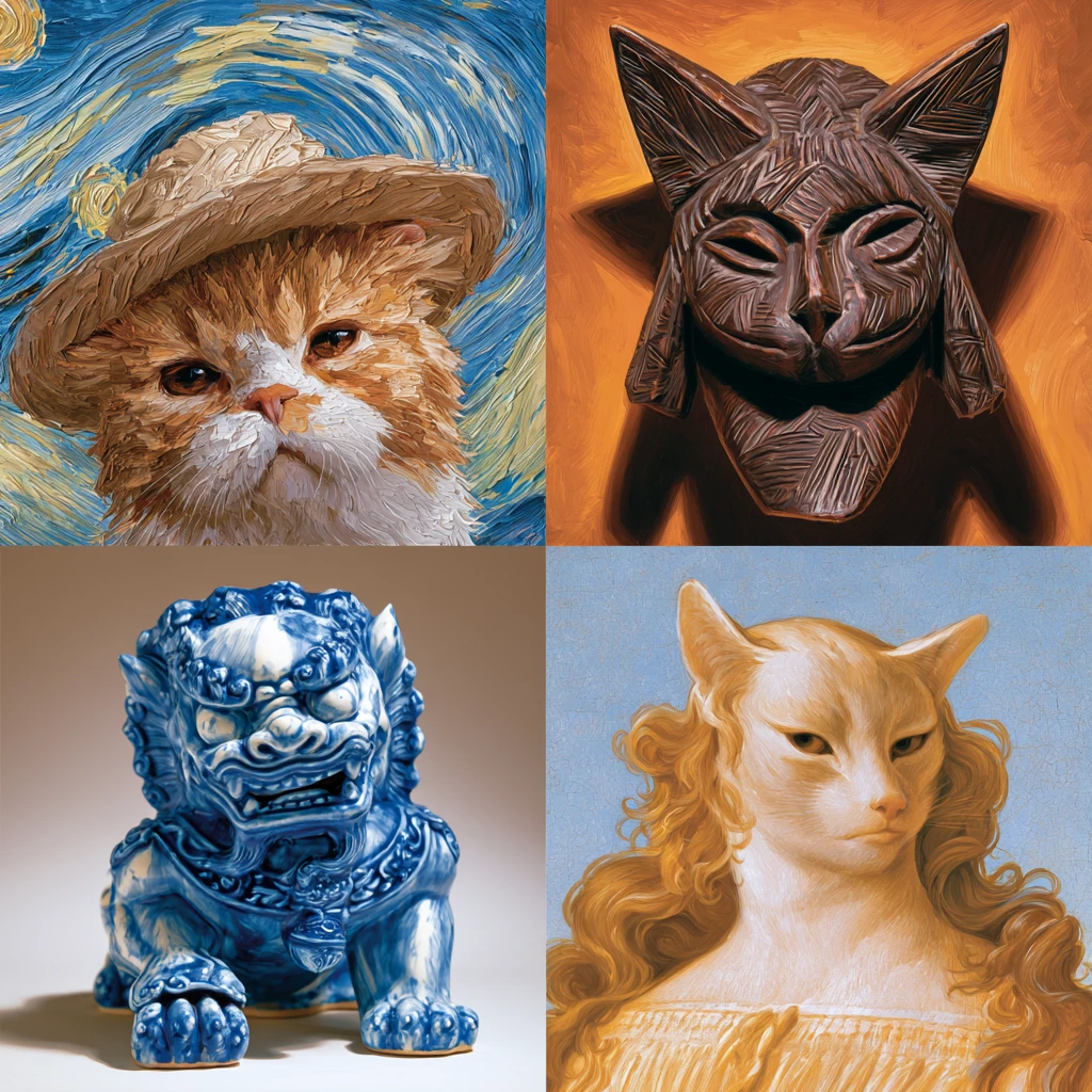 Gato fofo em estilo pós-impressionista com chapéu de palha