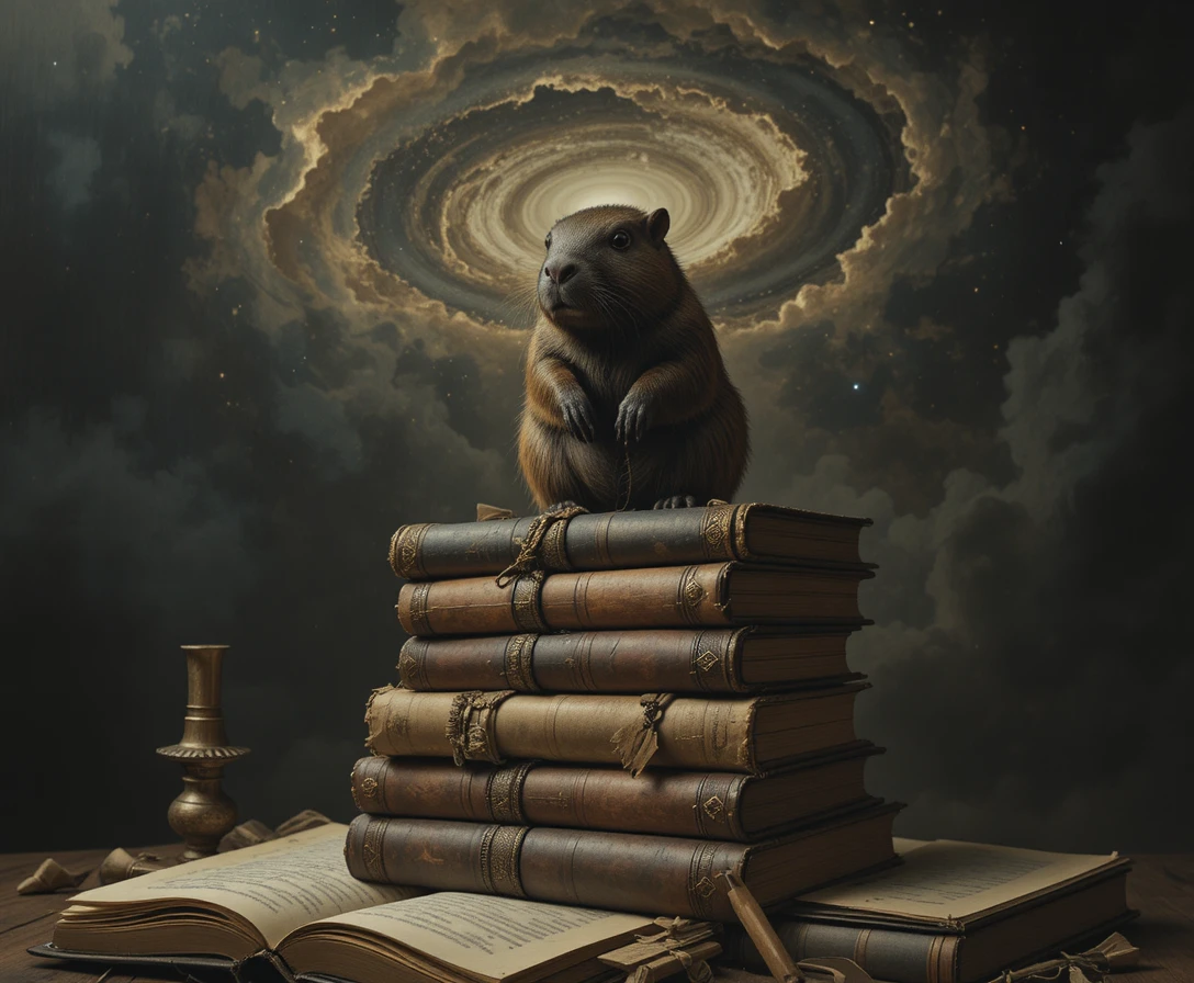 Capivara Sentada em Livros Antigos Sob um Céu Cósmico