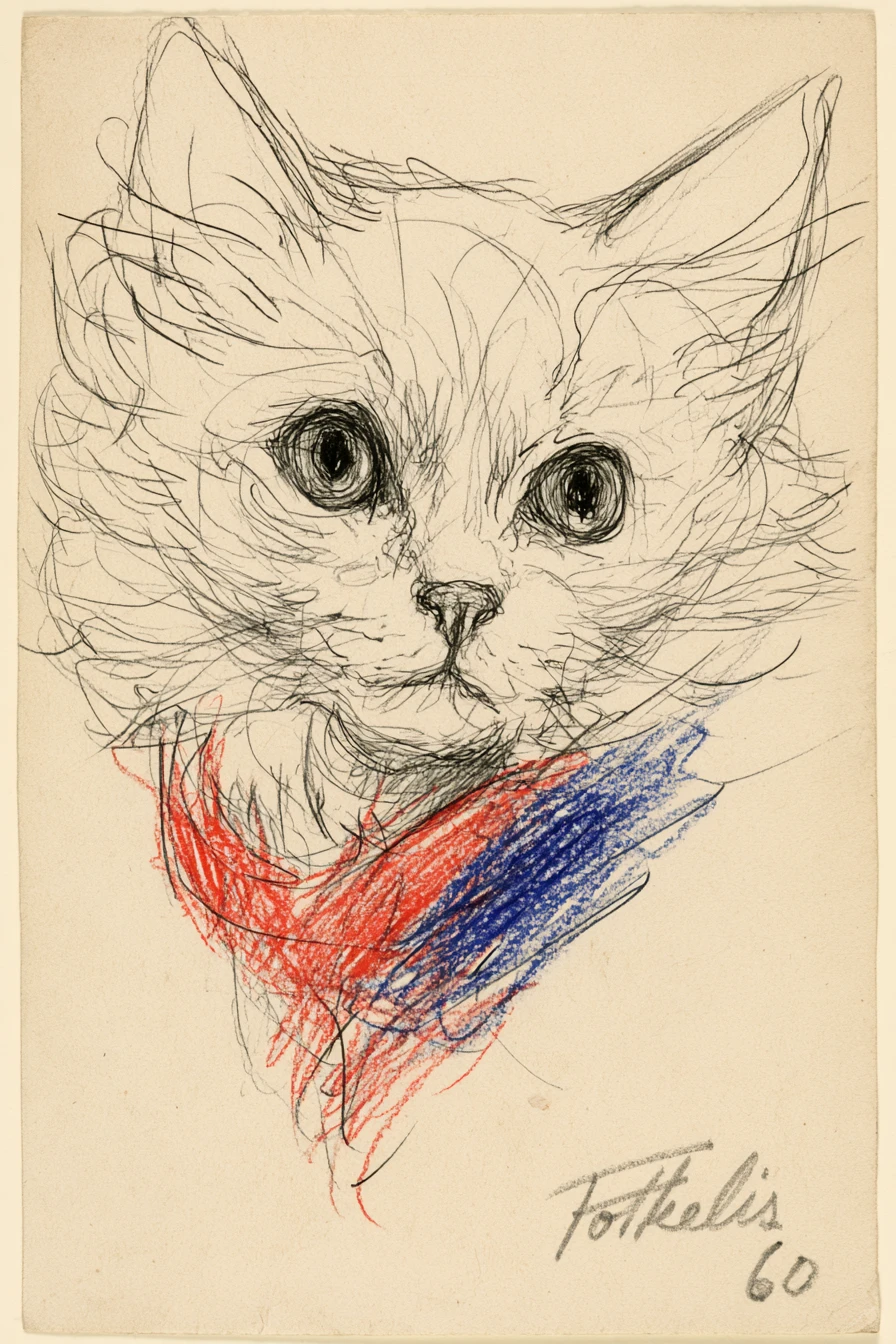 Retrato de gato em pena e tinta com olhar expressivo