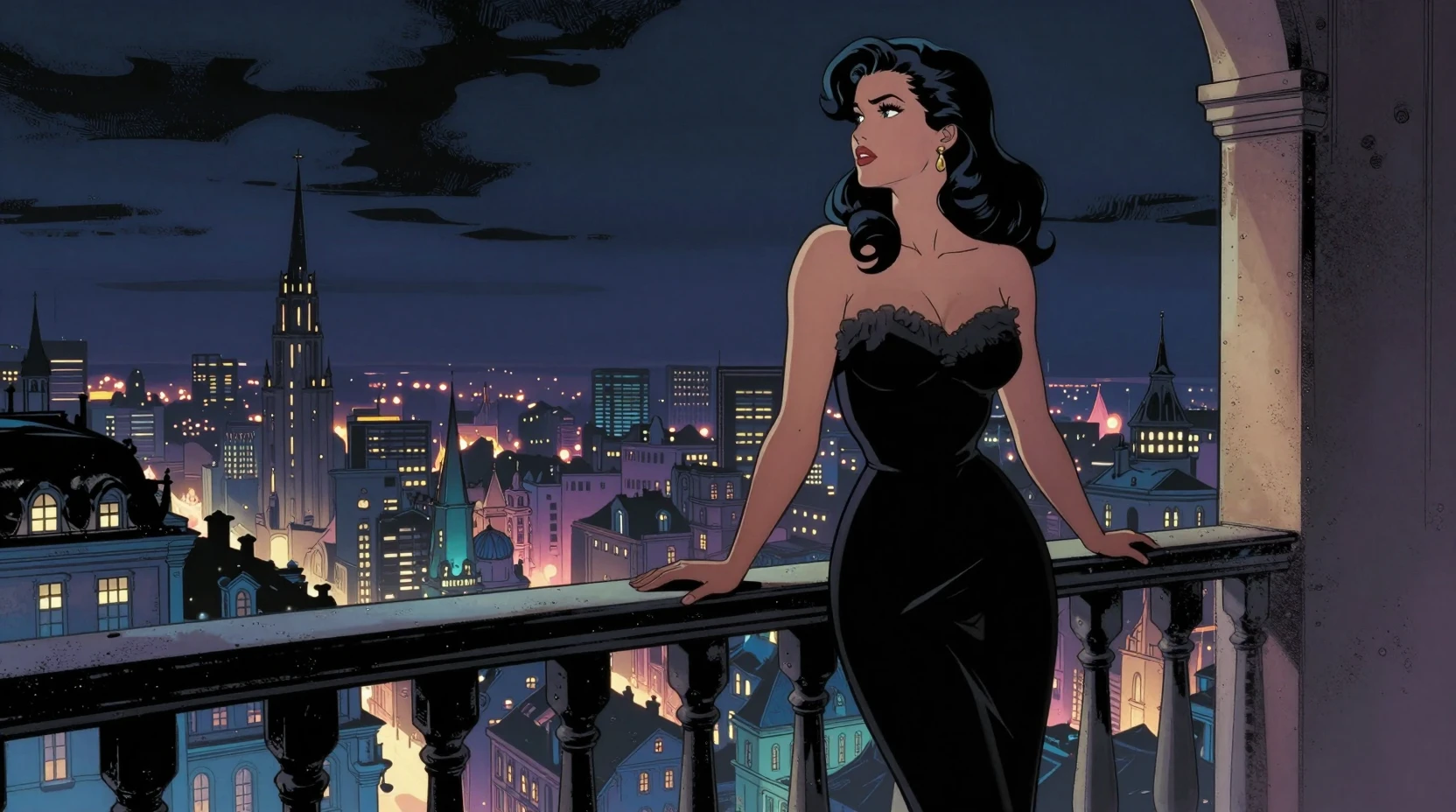 Mulher elegante em sacada ao luar sobre cidade encantada