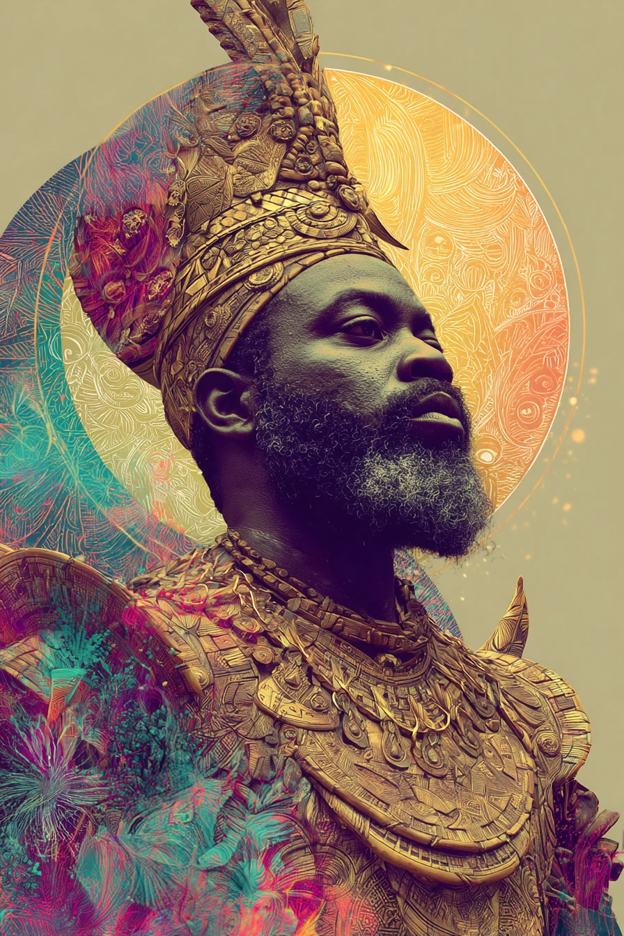 Il dio del cielo yoruba Olorun che irradia potere divino in colori vibranti