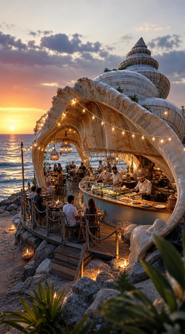 Muschel-Restaurant am Meer im Leuchten des Sonnenuntergangs am Strand