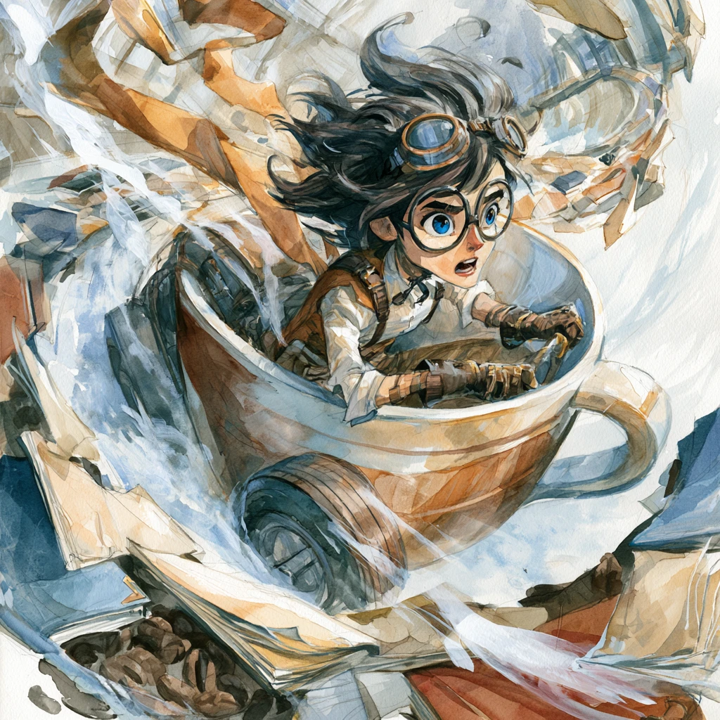 Donna steampunk che sfreccia su un'auto a tazza di caffè tra i libri
