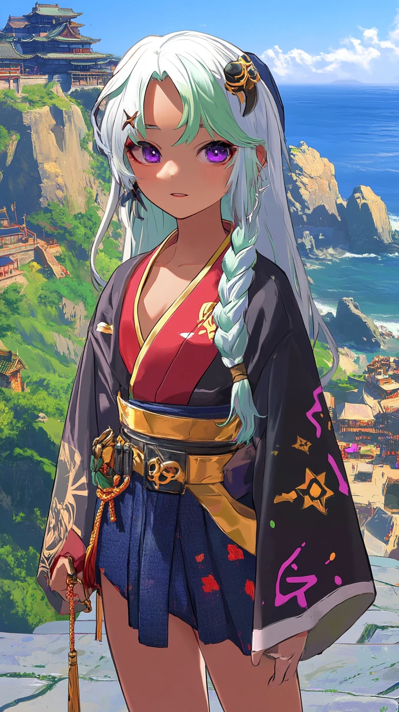 Chica de anime en la puerta de un antiguo templo japonés en la ladera