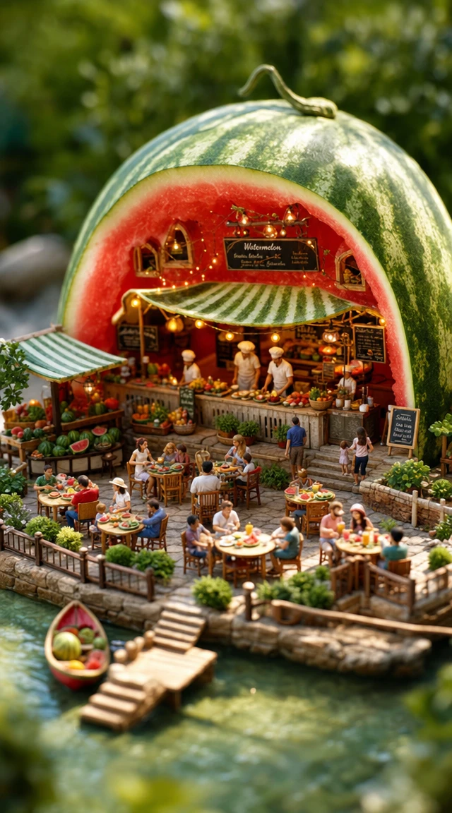 Restaurant d’été en plein air à l’intérieur d’une pastèque géante