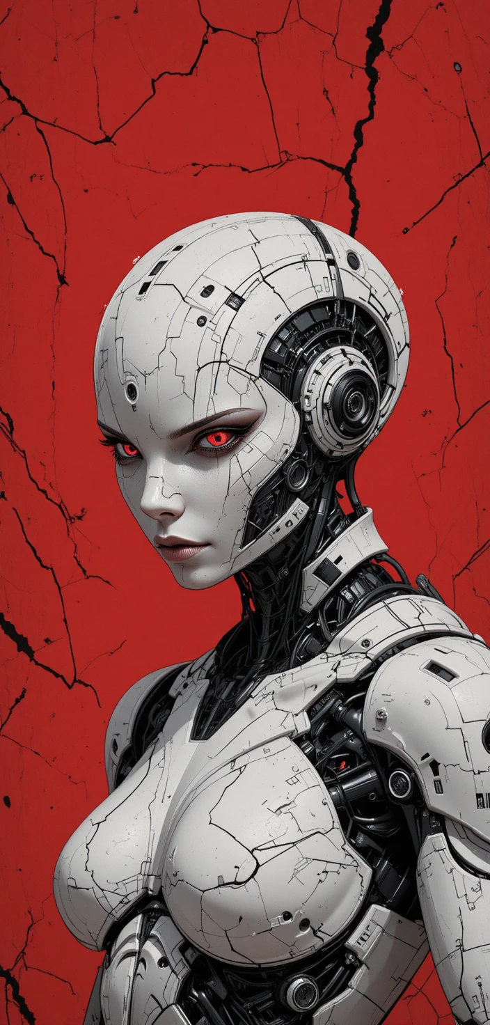 Futuristic humanoid robot against bold red abstract background