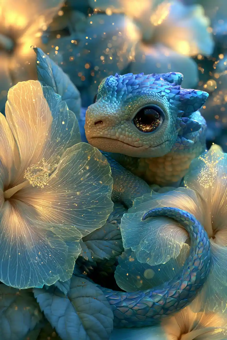 Cute Baby Dragon Among Glowing Magical Hibiscus Flowers