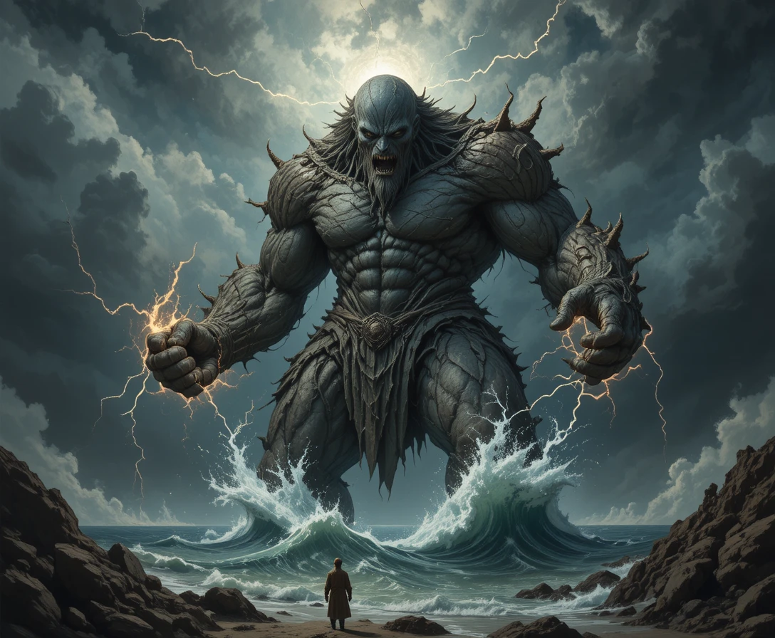 Earth spirit giant rising over a stormy ocean