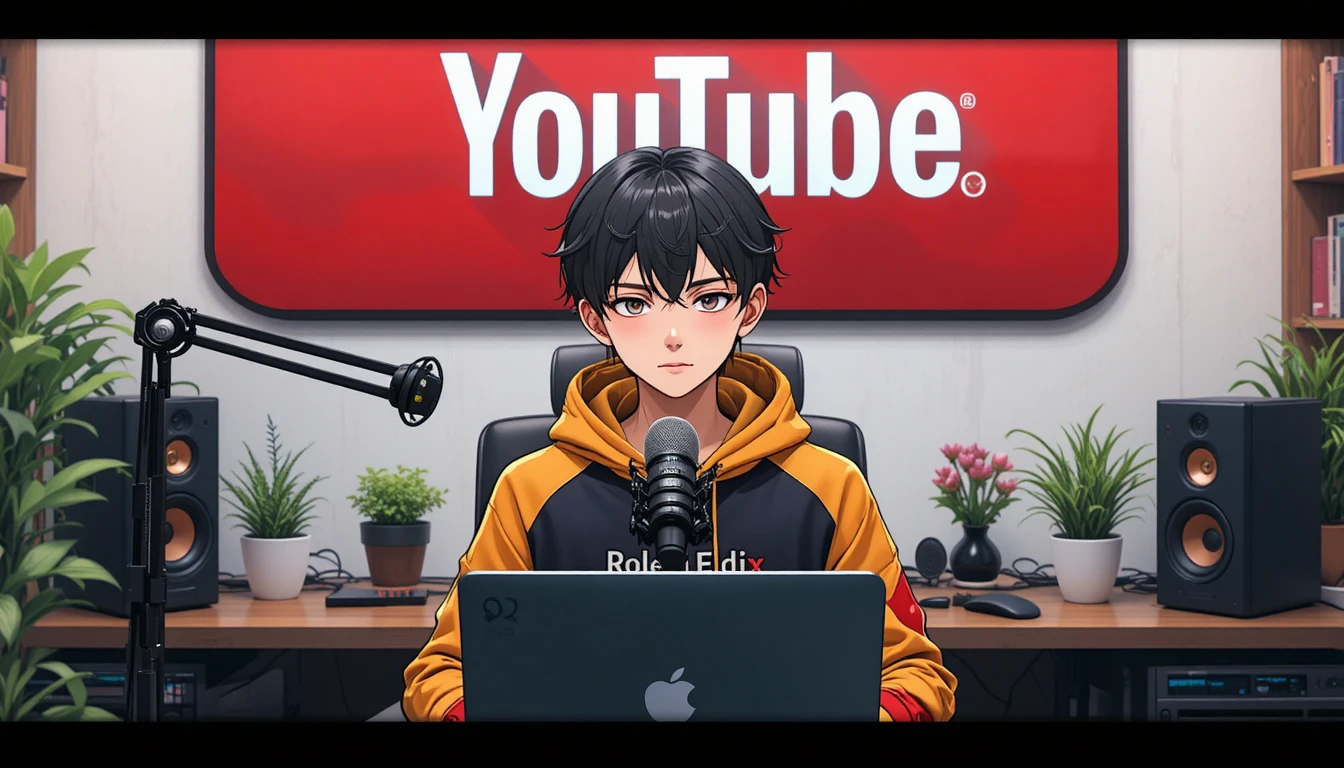 Garçon d’animé en streaming à un bureau d’ordinateur avec microphone