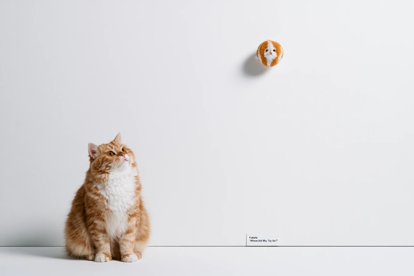 ふわふわのオレンジ色の猫がおもちゃのぬいぐるみを見上げている