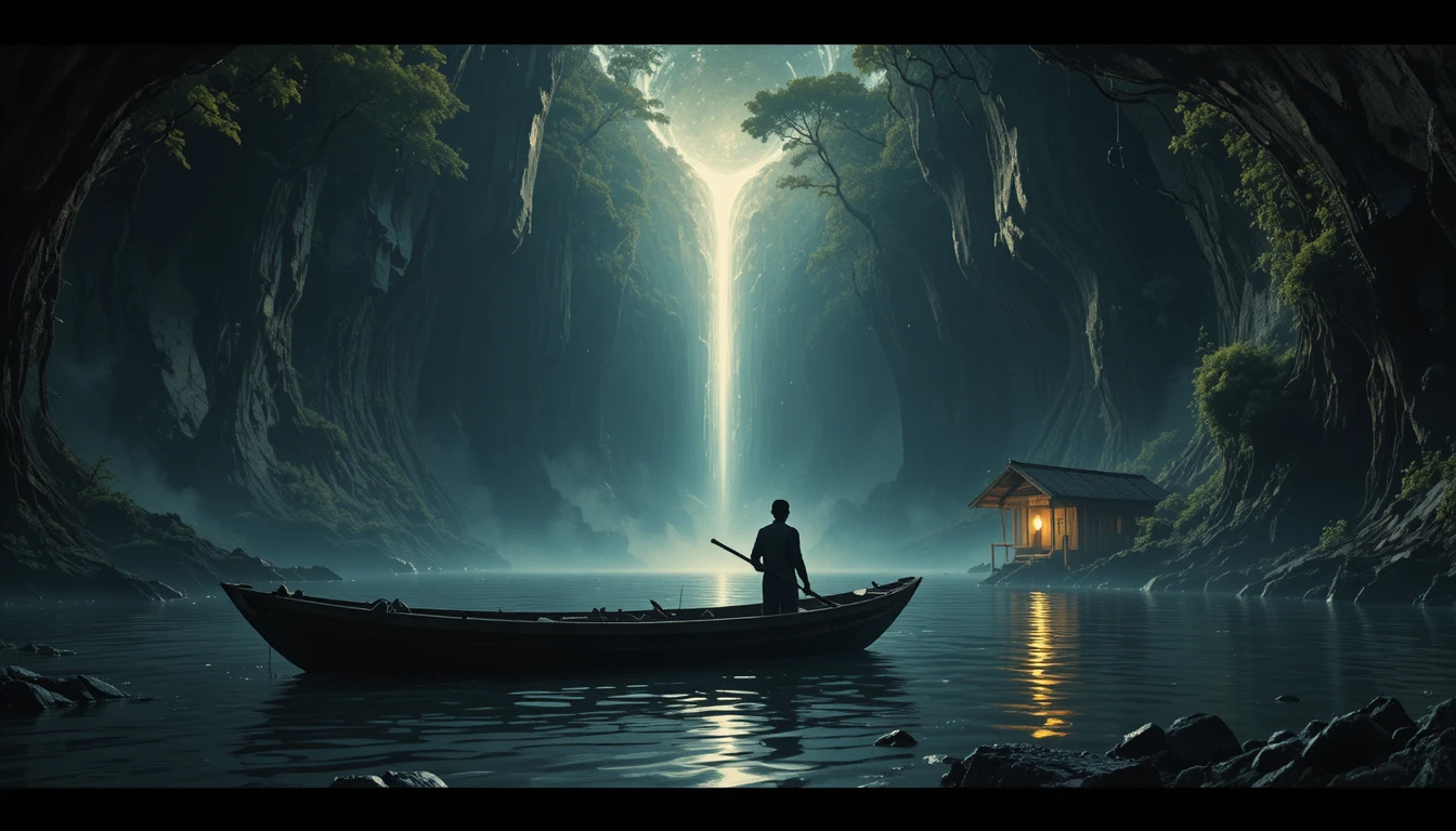 Velho pescador seguindo uma luz misteriosa no Congo