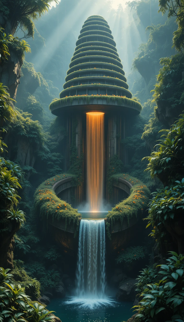 Surreale cascata dorata a spirale nella fitta giungla tropicale