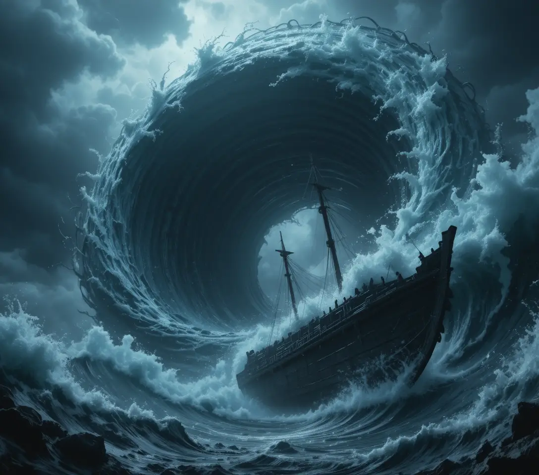 Mostro colossale del vortice marino che emerge da un oceano in tempesta