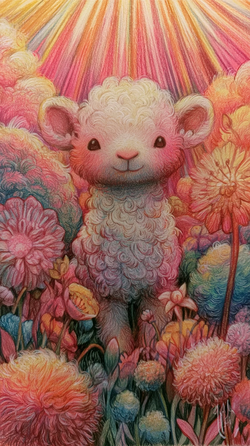 Flauschiges Schaf in einer verträumten Fantasiewiese im Sonnenlicht