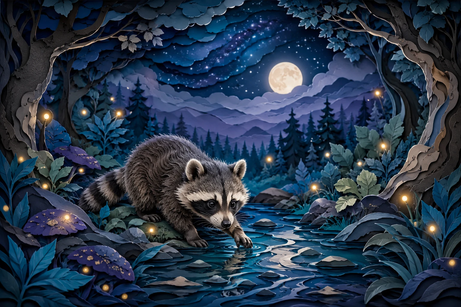 Bebé mapache explorando un arroyo del bosque con luciérnagas brillantes