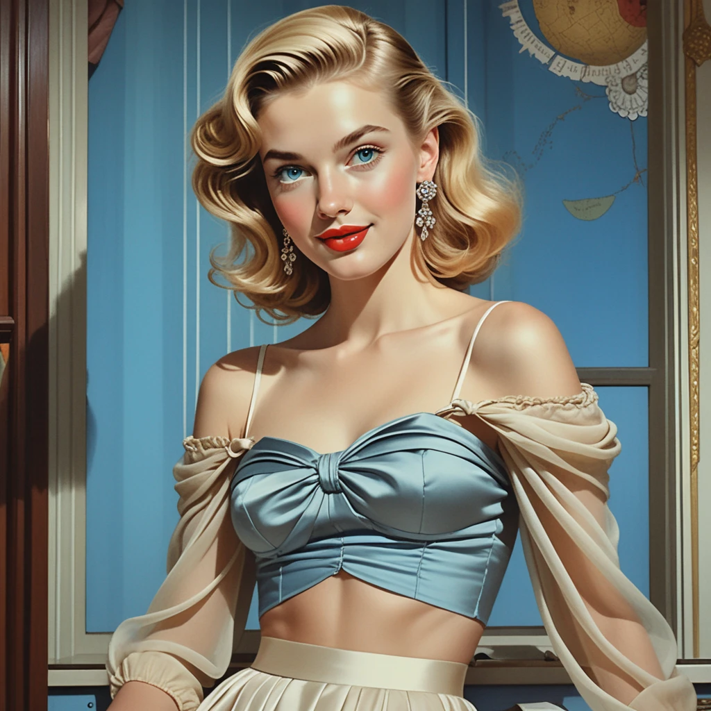 Elegantes Porträt einer jungen blonden Frau im Stil der 1950er Jahre