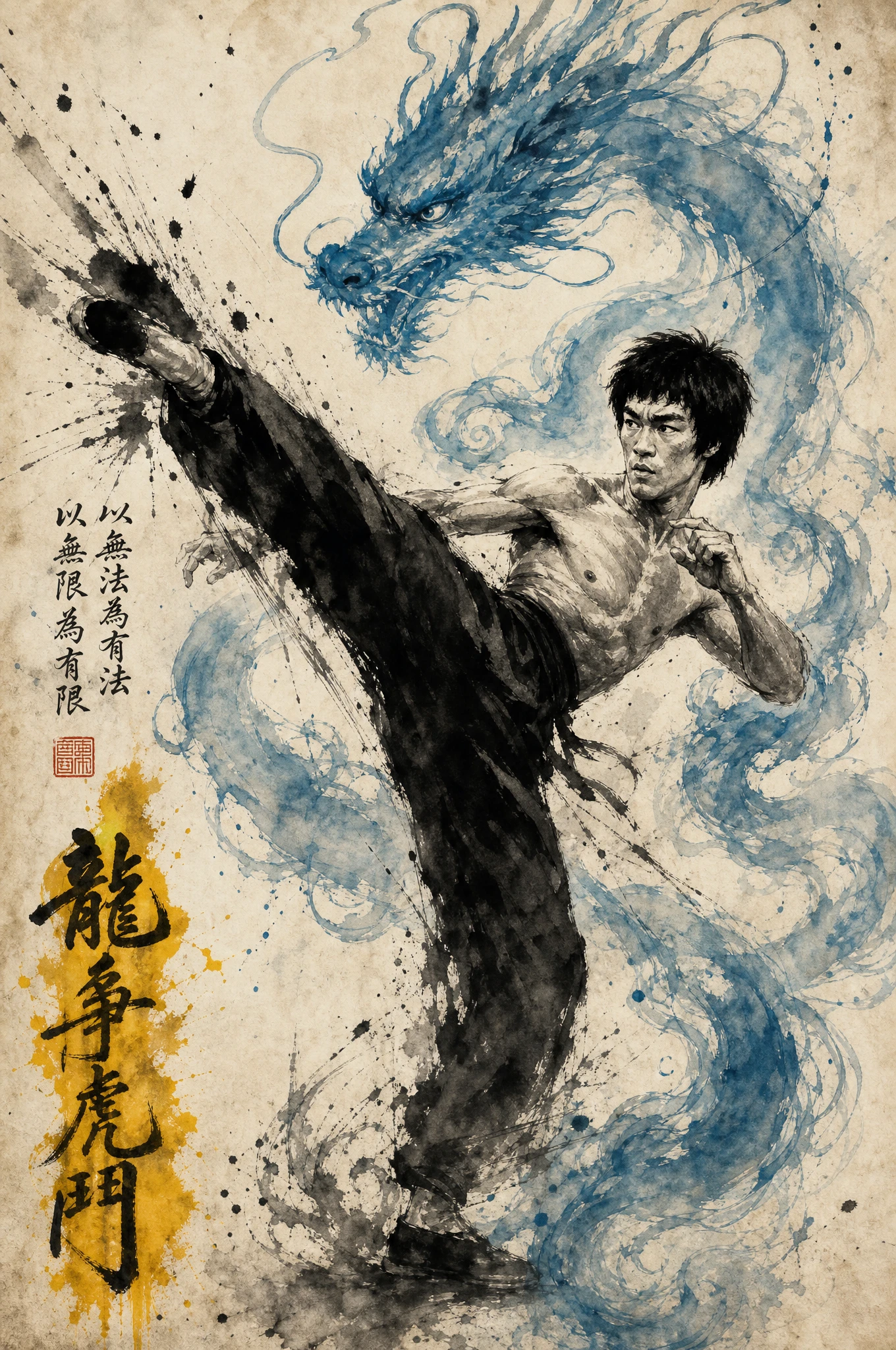 Ink illustration of martial artist with swirling dragon