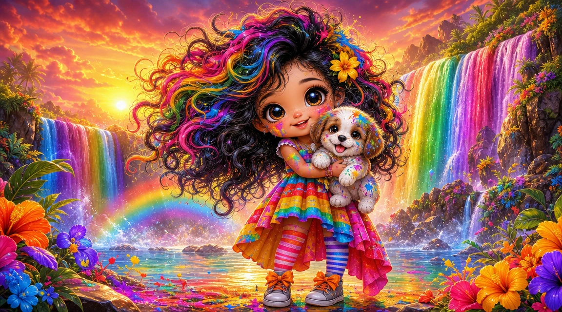 Ragazza Chibi dai Capelli Arcobaleno che Tiene in Braccio un Cucciolo alla Cascata