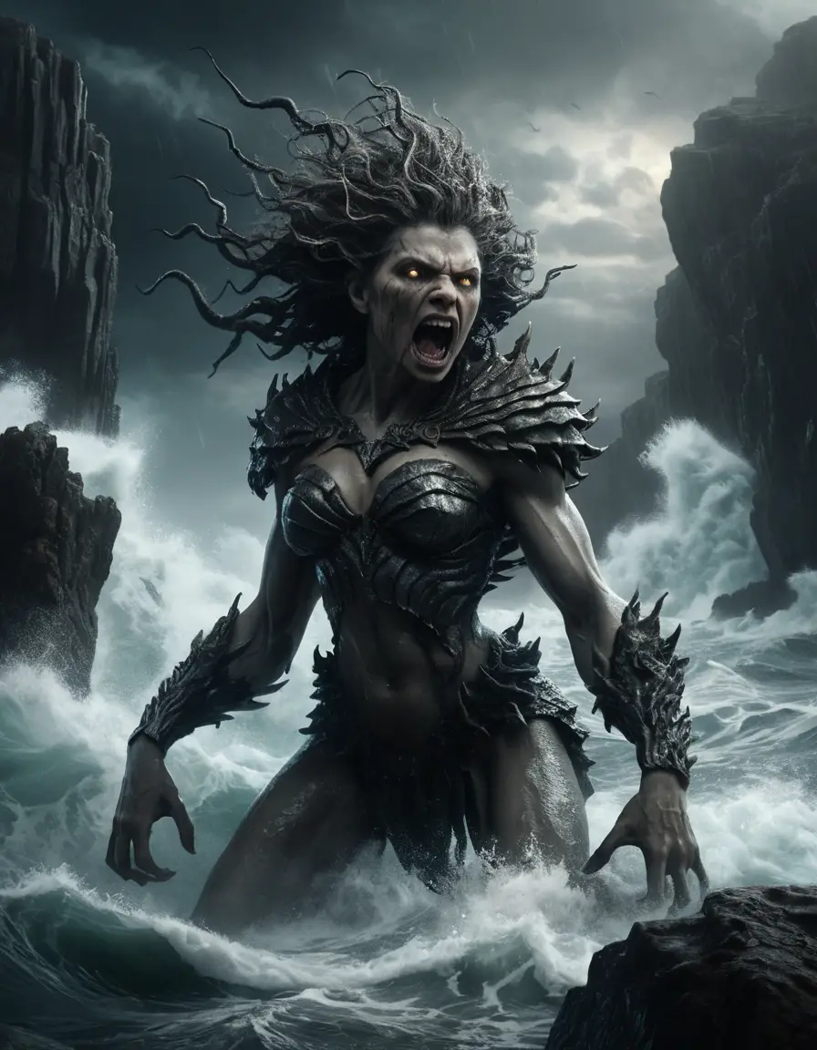 Mythic sea monster rising from stormy jagged cliffs