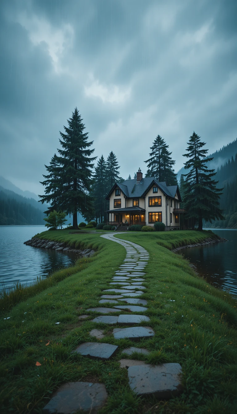 Aconchegante casa à beira do lago sob chuva suave ao anoitecer